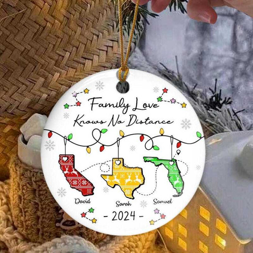 Long-distance family ornament with personalized state design connecting loved ones; miles-apart gift for holiday tree | Familywalldecor