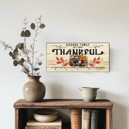 Thankful key holder for wall, rustic wood plaque with black metal hooks and cursive script, farmhouse entryway family decor | Familywalldecor