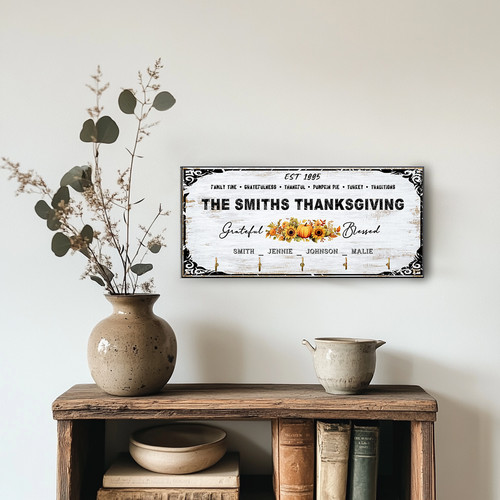 Thanksgiving key holder for wall, rustic family decor with wood board and metal hooks for entryway, warm farmhouse style | Familywalldecor