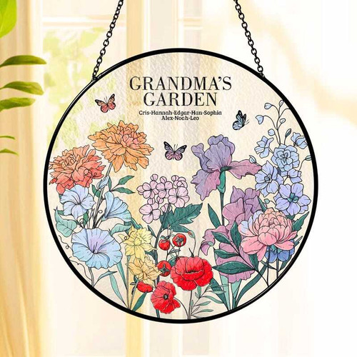 Birth flowers suncatcher for grandma’s garden, personalized with grandkids names and birth months, round glass blooms | Familywalldecor