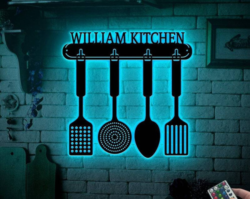 Personalized kitchen metal sign with LED backlight, custom family name wall art, rustic decor, ideal Mother’s Day chef gift | Family Wall Decor