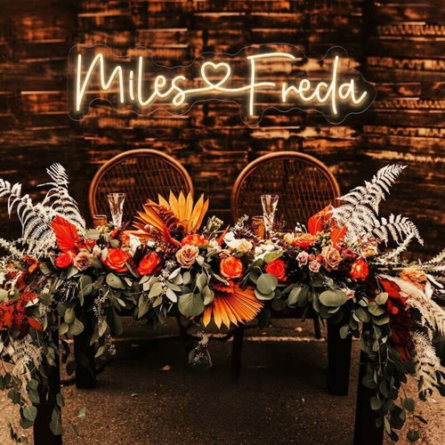 Wedding metal neon sign with LED tubing on black metal backing, personalized names and date, warm white script backdrop | Family Wall Decor