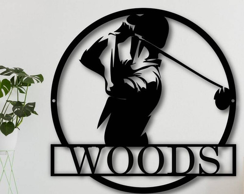Golf metal wall art sign personalized with family name, golfer swing silhouette for durable outdoor home decor | Familywalldecor