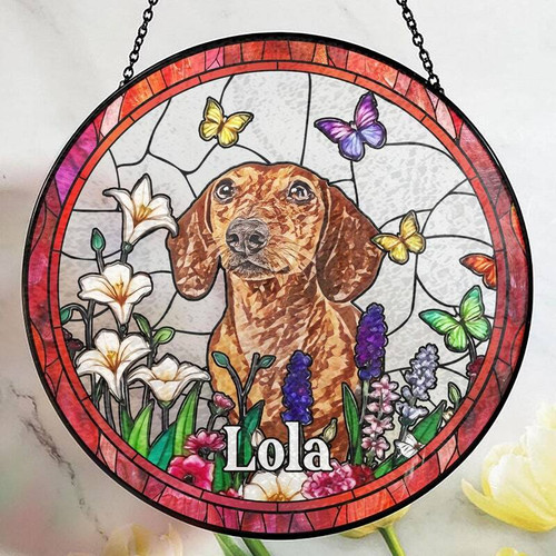 Memorial dog portrait suncatcher in stained glass, personalized with name and dates, hanging in a window for remembrance | Familywalldecor