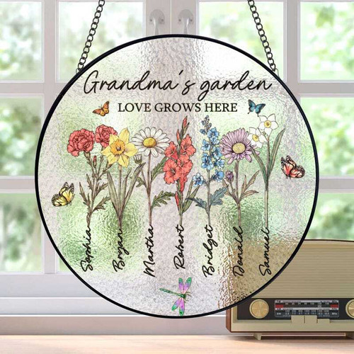 Grandma's Garden stained glass suncatcher with custom birth flowers and grandkids' names, personalized Mother's Day gift | Familywalldecor