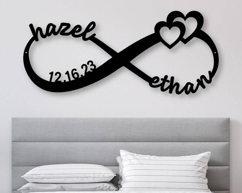 Wedding metal sign with infinity symbol, personalized with couple's names and date; anniversary and engagement gift | Family Wall Decor
