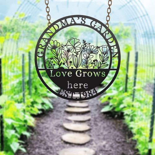 Grandma's Garden metal sign with floral accents and mom love quote, rustic wall decor, heartfelt grandparents gift | Familywalldecor