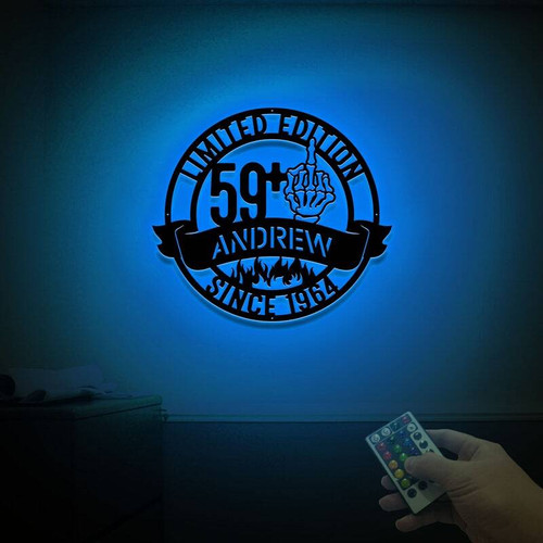 60th birthday LED metal sign personalized for Dad, custom name and date, warm white glow, script milestone wall decor | Familywalldecor