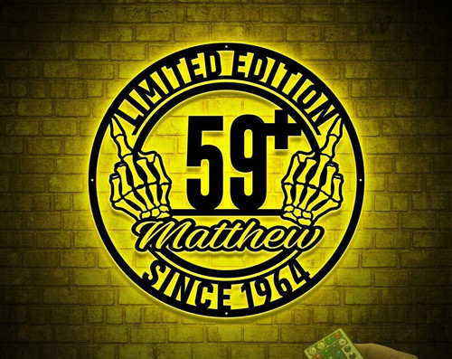 60th birthday personalized LED metal sign, custom name and date, warm white glow, rustic black finish wall decor gift for dad | Familywalldecor