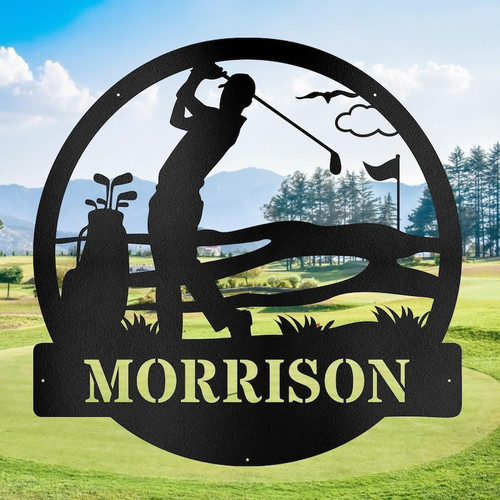 Golf metal wall art sign with golfer swing silhouette, personalized name; matte black finish, Father’s Day gift for Dad | Familywalldecor