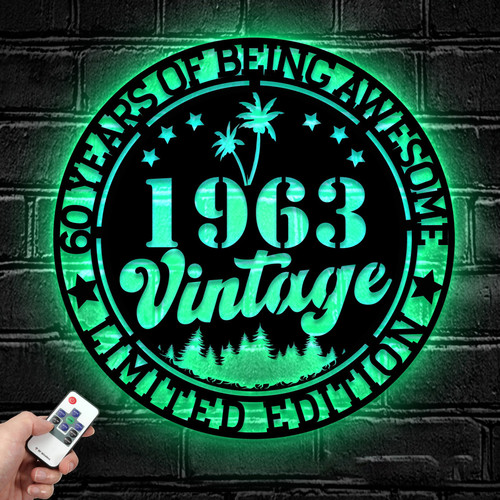 60th birthday metal sign, 1963 vintage LED wall art for Dad, personalized with name and date, soft backlit glow for home bar | Familywalldecor