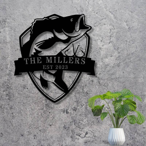 Bass metal wall art sign for dad’s fishing camp, personalized with family name; rustic gift for grandpa or husband | Familywalldecor