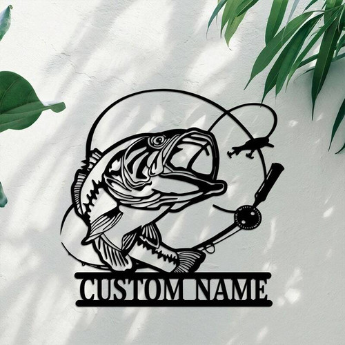 Bass fishing LED metal wall art, personalized with dad's name, backlit steel bass silhouette for man cave, thoughtful gift | Familywalldecor