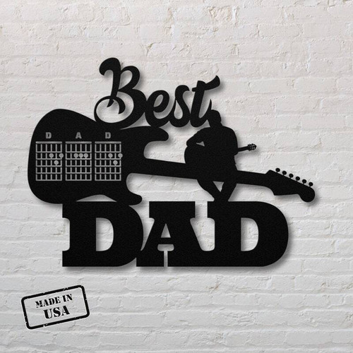 Best Dad Ever metal sign with guitar silhouette, personalized with dad’s name; indoor studio wall decor and Father’s Day gift | Familywalldecor