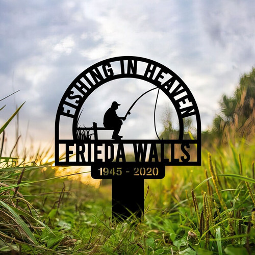 Gone Fishing memorial metal stake personalized with Dad's name and dates; gravesite sign for fishing lovers and sympathy | Familywalldecor