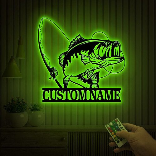 Bass fishing metal wall art with LED lights, personalized for Dad with name, rod and reel design for lake house or man cave | Familywalldecor