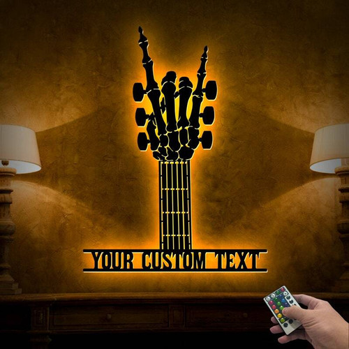 Guitar Dad LED metal sign with rock on skeleton hand, custom name, Father's Day gift for music room wall decor | Familywalldecor