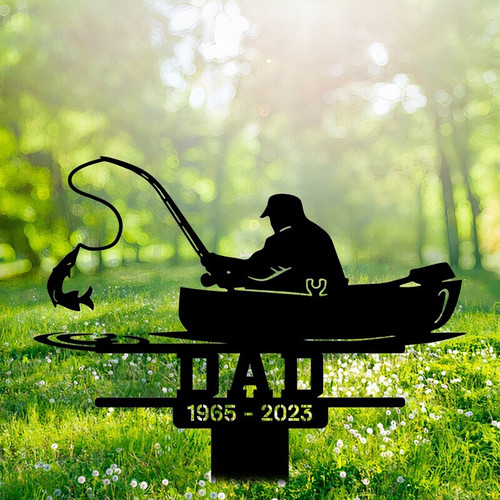 Gone Fishing metal wall art memorial for Dad, personalized with name and dates, fish and hook motif for garden decor | Familywalldecor