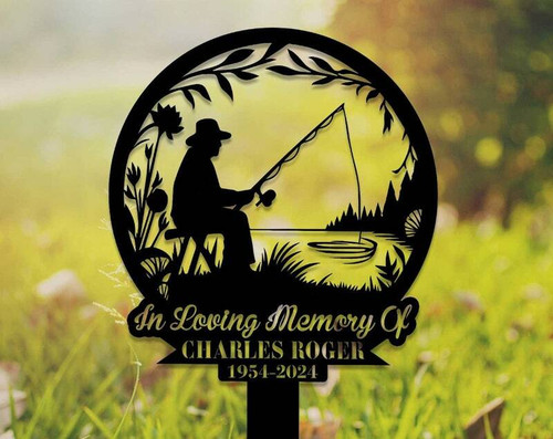 Gone Fishing metal sign - personalized memorial stake for dad, custom name and dates, fishing tribute for garden | Familywalldecor