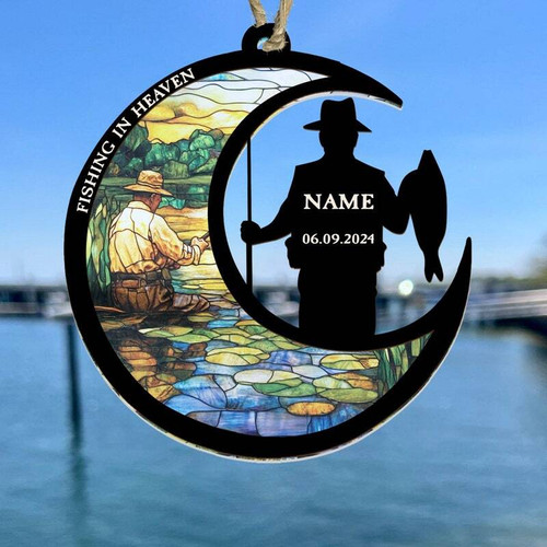 Gone Fishing memorial suncatcher for Dad, personalized with name and dates, fishing silhouette—sympathy gift for anglers | Familywalldecor