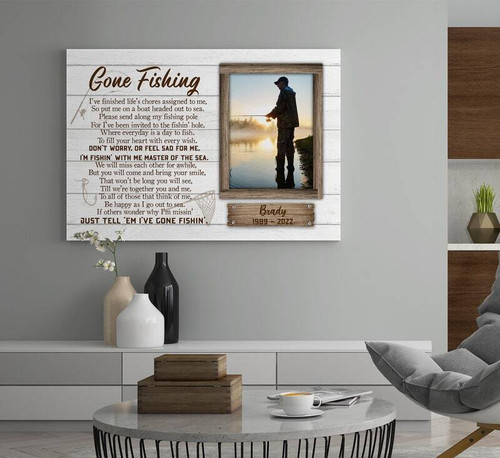 Gone Fishing memorial canvas wall art, lake scene with fishing pole and heartfelt dad tribute, landscape for living room | Familywalldecor