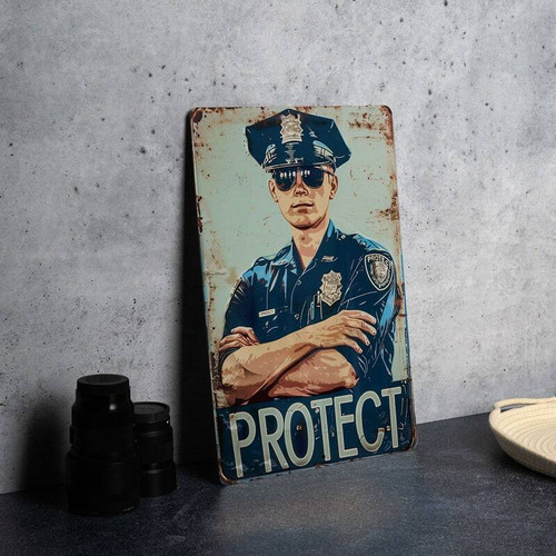 Thin Blue Line vintage metal sign with distressed flag art and badge emblem, wall decor gift for police dad or officer | Family Wall Decor
