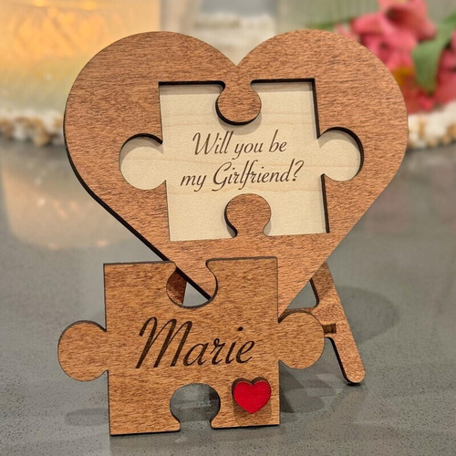 Valentine puzzle proposal wood sign with personalized love message, engraved jigsaw heart, Will you be my girlfriend gift | Familywalldecor