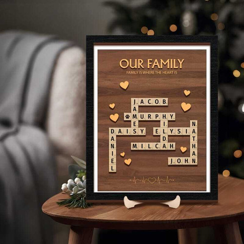 Family name Scrabble puzzle wood sign, personalized with grandparents' surname and kids' names, rustic engraved wall decor | Familywalldecor
