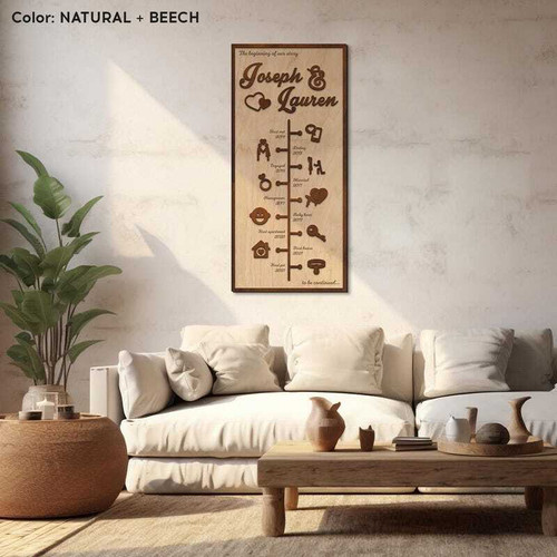 1st anniversary custom timeline wood sign with engraved love story milestones, personalized names and date in rustic style | Familywalldecor