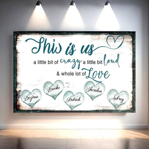 This Is Us family wall art canvas, personalized with names and date in rustic farmhouse style, perfect for living room decor | Family Wall Decor