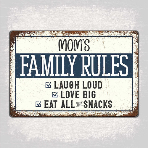 Mom Family Rules vintage metal sign, rustic farmhouse wall art with distressed finish and bold typography for entryway | Family Wall Decor