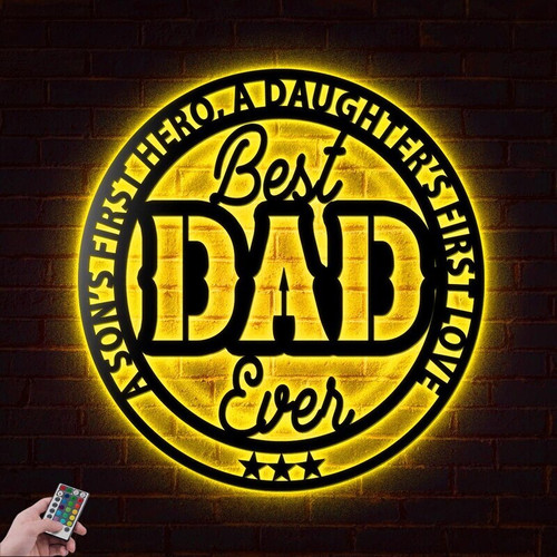 Best Dad Ever guitar metal sign with LED, personalized with dad's name, Father's Day gift decor for dad's music room wall | Familywalldecor