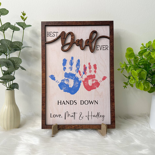 Best Dad Ever personalized wooden sign with handprints, custom names, rustic decor for Dad's office, Father's Day gift | Familywalldecor