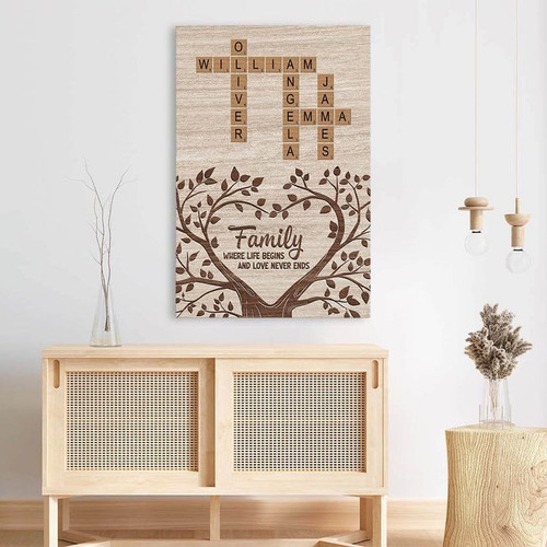 Family quote canvas wall art with "Where Life Begins and Love Never Ends," custom family name and date, rustic design | Family Wall Decor