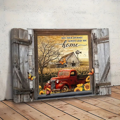 Vintage old truck canvas wall art, wooden framed rustic farmhouse decor, horizontal landscape for living room or entryway | Family Wall Decor