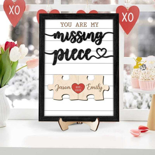 My Missing Piece wood sign personalized with two names and date, puzzle piece heart design, romantic Valentine’s gift | Familywalldecor