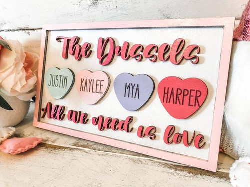 Valentine wood sign with 'All We Need Is Love', custom family names and heart accents, Valentine's gift and rustic wall decor | Family Wall Decor