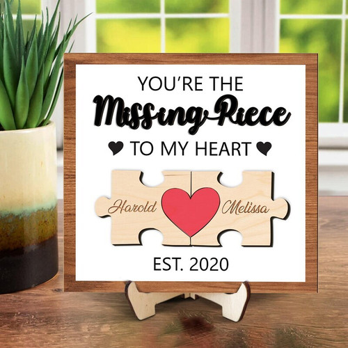 Missing Piece of My Heart wood sign personalized for husband, dark walnut wall hanging with puzzle heart, Valentine gift | Family Wall Decor