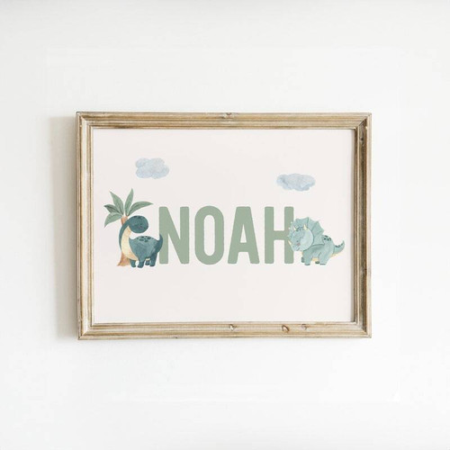 Dinosaur nursery canvas wall art with custom name, playful design for boys' baby room decor, adorable prehistoric theme | Family Wall Decor CA