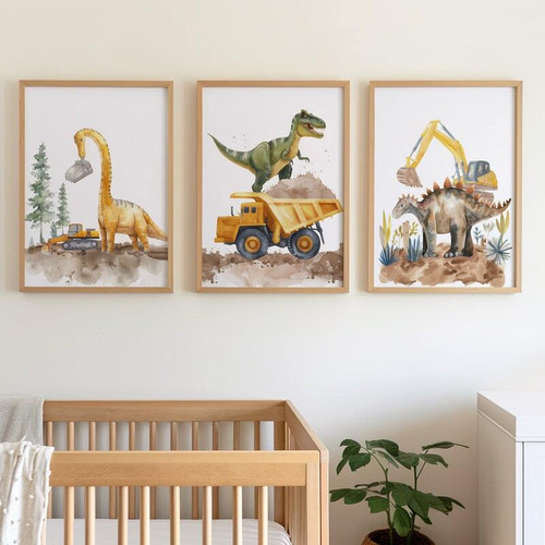 Dinosaur nursery canvas art set with construction trucks and hard-hat dinos, adorable decor for a baby boy nursery wall | Familywalldecor