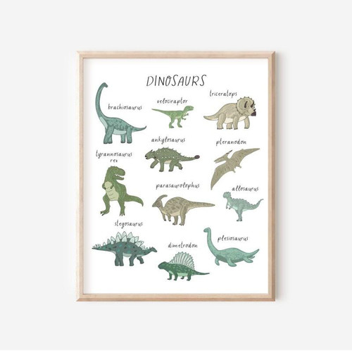 Green dinosaur canvas wall art, personalized with baby name, cute prehistoric design for baby boy nursery or playroom decor | Family Wall Decor