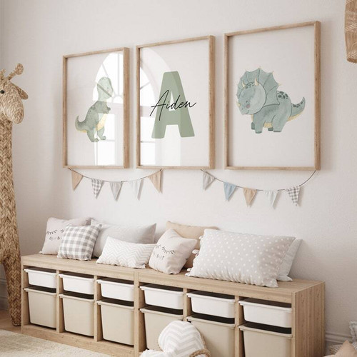 Dinosaur nursery canvas with child’s initial and name, personalized watercolor dinos, pastel tones, wall art for kids’ room | Familywalldecor