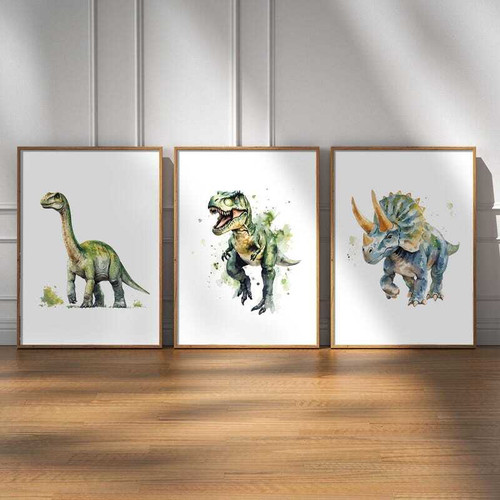 Dinosaur nursery canvas set with T-Rex and triceratops in soft pastel blues and greens, wall art for baby boy bedroom decor. | Family Wall Decor
