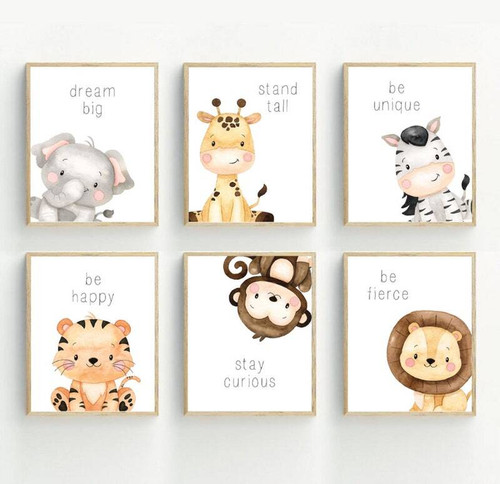 Safari animal nursery canvas wall art set of three featuring cute elephant, lion, and giraffe prints for baby room decor | Family Wall Decor