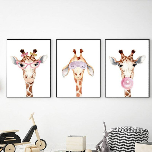 Giraffe nursery canvas trio wall art, set of three for girl's bedroom decor with mother-and-baby giraffes and blush hearts | Family Wall Decor