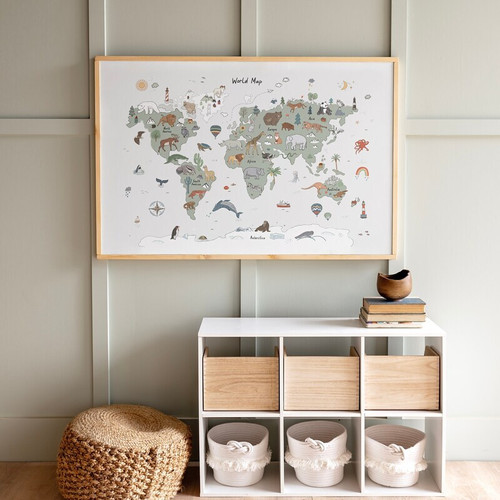 Animal world map nursery canvas wall art, whimsical pastel design for kids’ room decor and early learning geography theme | Family Wall Decor