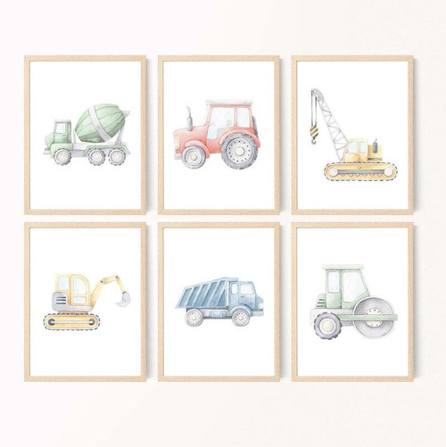 Construction vehicle canvas wall art set for baby boy nursery, colorful transportation prints for boys room decor | Family Wall Decor