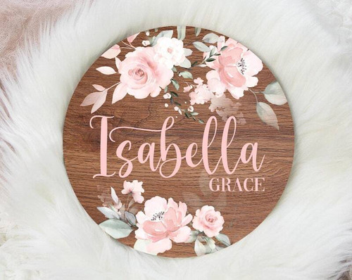 Floral round wood nursery sign for baby girl birth announcement, wooden plaque wall decor with delicate blooms for nursery | Family Wall Decor