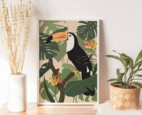 Jungle nursery canvas with boho toucan perched amid tropical leaves, neutral tones for kids' room or playroom wall decor | Family Wall Decor