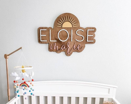 Boho sun wood sign personalized with baby name, round natural finish, You Are My Sunshine nursery wall decor for baby girl | Familywalldecor